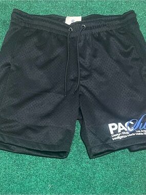 PacSun Black Mesh Athletic Shorts with White & Blue Logo